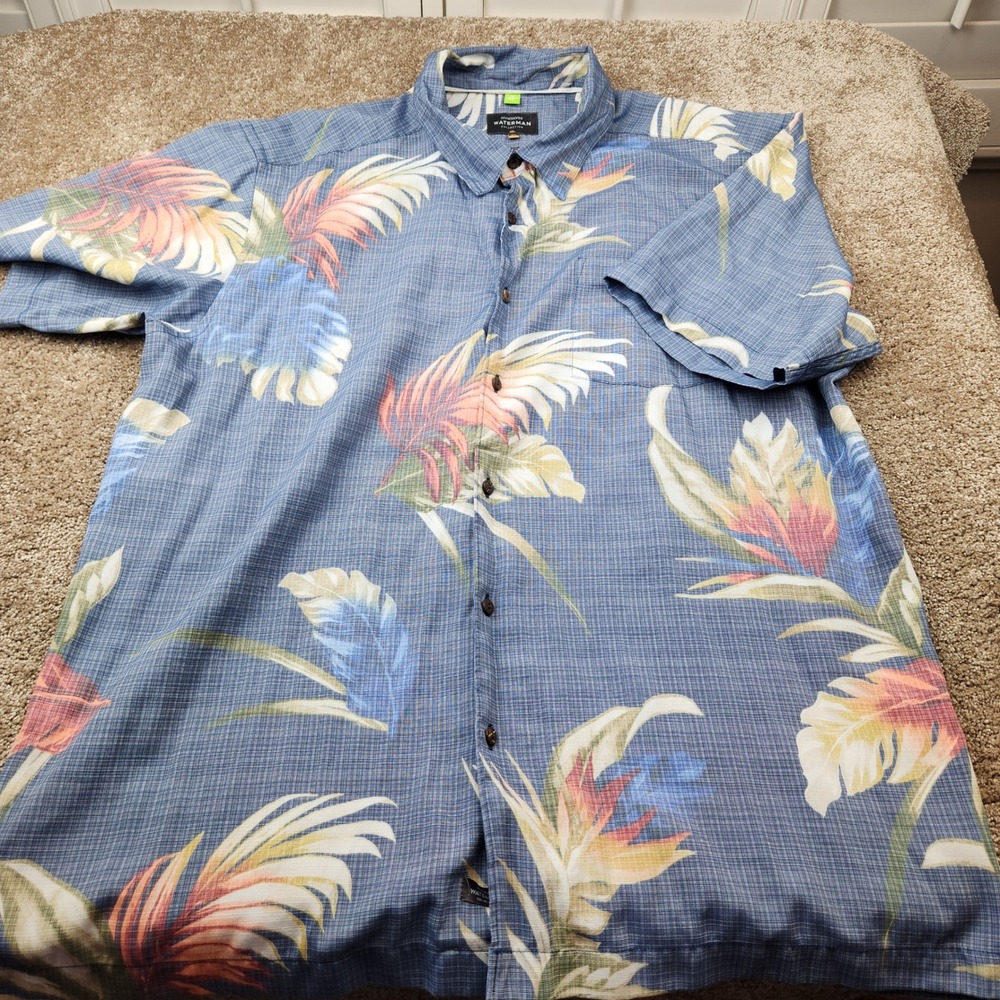 Quiksilver Waterman Collection Blue Floral Tropical Button Down Shirt Mens XL